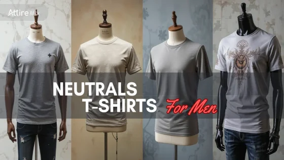 Four different neutral-toned t-shirts are displayed on mannequins.