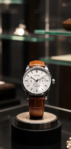 Luxury gold-tone watch with a skeleton dial and brown leather strap.