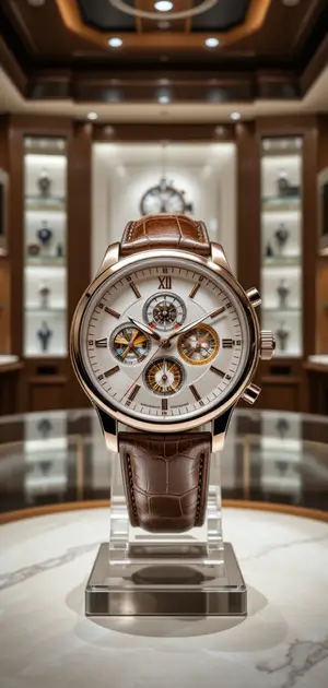 Elegant chronograph watch with a white dial and brown leather strap in a boutique.