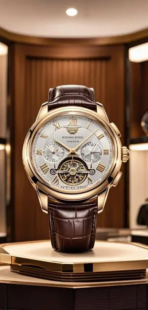Classic men's watch with a silver dial and brown leather strap on display.