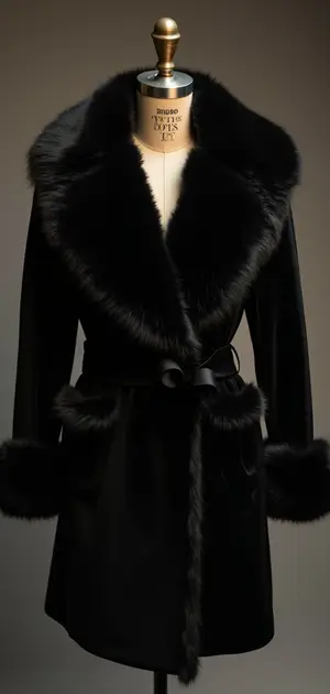 Black faux fur-trimmed velvet coat.