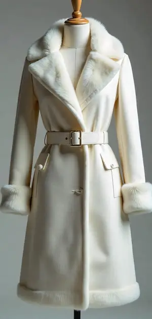 Elegant white belted coat with faux fur trim.
