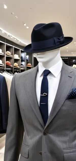 A navy Hat with a matching ribbon worn by a mannequin in a grey suit.