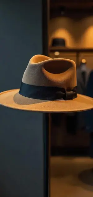 A tan Hat with a black ribbon floating in a dimly lit display.