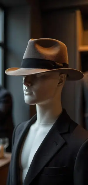 A light brown Hat with a black ribbon on a mannequin in a dark suit.