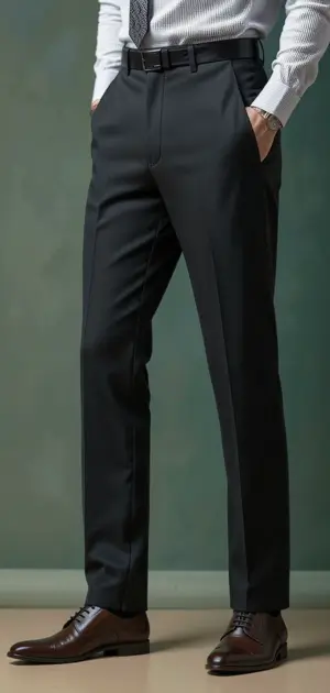 Men's black formal trousers with a white shirt and brown leather shoes.