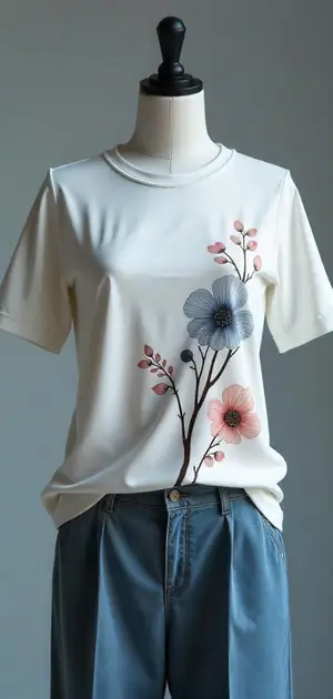White T-shirt with embroidered floral details paired with blue trousers.