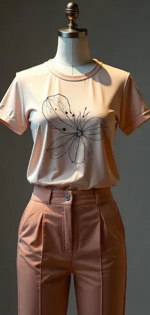 Beige T-shirt with a large black floral print, tucked into matching trousers.