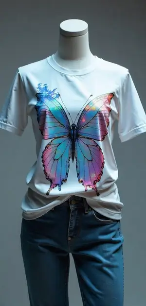 White T-shirt with a large, colorful butterfly print styled with jeans.