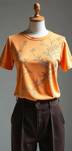 Orange floral-printed T-shirt paired with dark brown trousers.