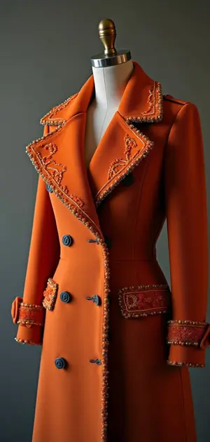 Vibrant orange wool coat with embroidery and button details.