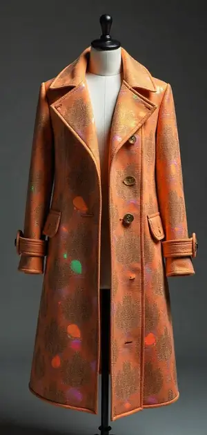 Orange long coat with subtle patterns and a glossy finish.
