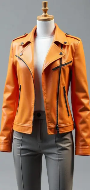 Bright orange leather biker jacket with black zippers