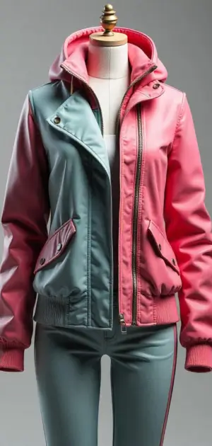 Two-tone pink and teal hooded jacket with a sporty look