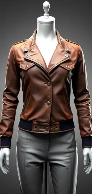 Classic brown leather biker jacket with black ribbed cuffs
