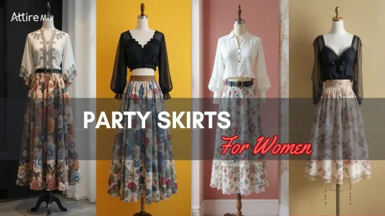 Collection of party skirts for women with floral prints and fashionable tops.