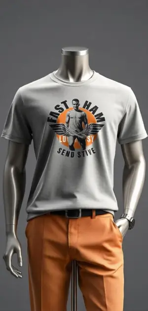 Grey graphic T-shirt with a vintage-style print, paired with orange trousers on a mannequin