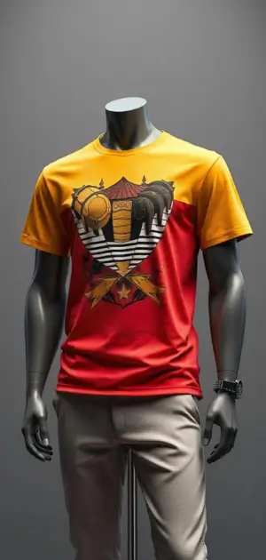 Bold red and yellow T-shirt with a circus-themed graphic design on a mannequin