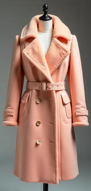 Pale peach shearling coat with belted waist and gold buttons.