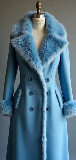 Light blue fur-trimmed coat with a double-breasted design.