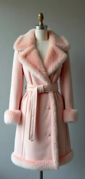 Soft pink fur-trimmed coat with a belted waist.