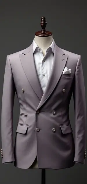 Lavender double-breasted blazer with a white shirt and white pocket square on a mannequin
