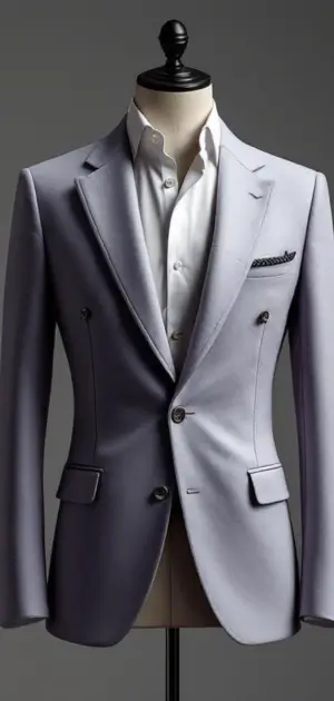 Pale blue blazer with a white shirt and dark pocket square on a mannequin