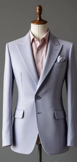 Light lavender blazer with a pink shirt and white pocket square on a mannequin.