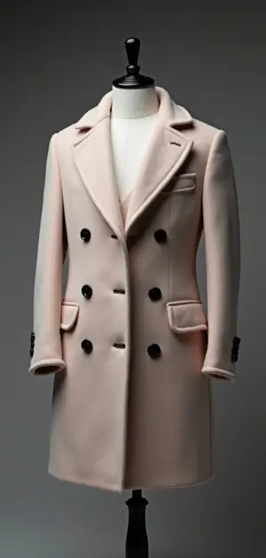 soft beige double-breasted overcoat with a relaxed tailored fit.