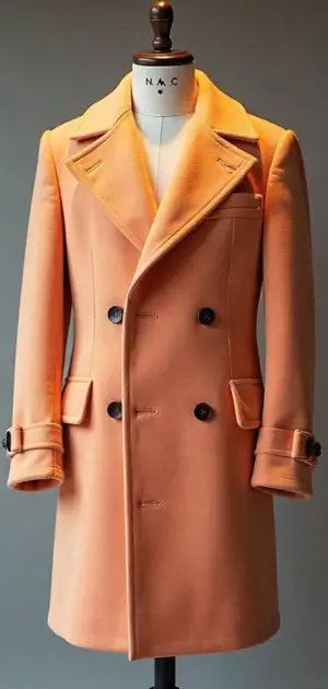A peach-toned double-breasted coat with a soft structure and classic details.