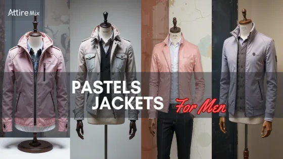 Four pastel-toned pink, gray, and beige jackets for men’s fashion.