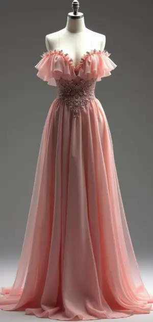 Blush pink off-shoulder gown with layered ruffles and a lace-embellished bodice
