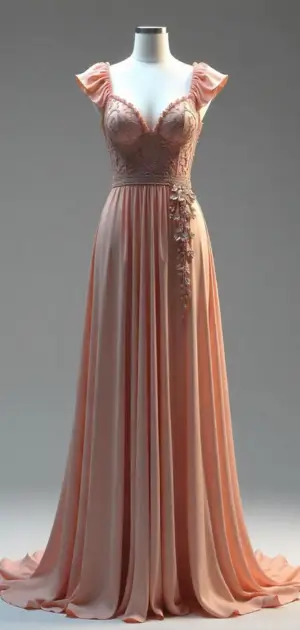 Elegant blush pink dress with ruffled cap sleeves and floral lace appliqués