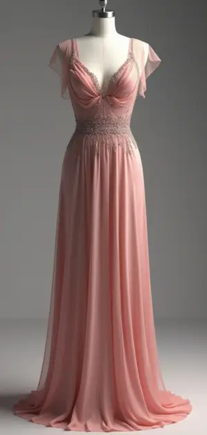 Soft blush pink gown with delicate sheer flutter sleeves and lace embellishments