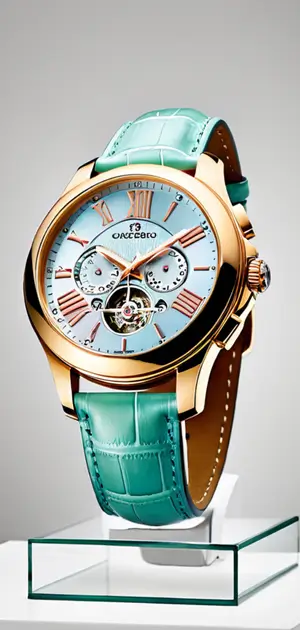 Unique pastel mint watch with a blue dial and rose gold case.