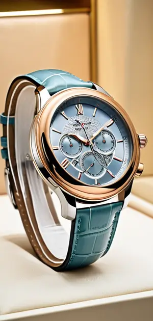 Stylish pastel blue chronograph watch with a rose gold bezel.
