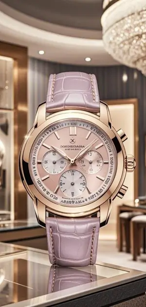 Elegant rose gold watch with a pastel pink dial and lilac leather strap.