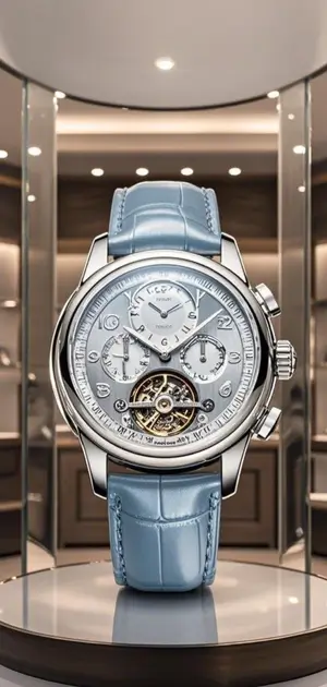 Luxury silver watch with a blue leather strap and intricate dial design.