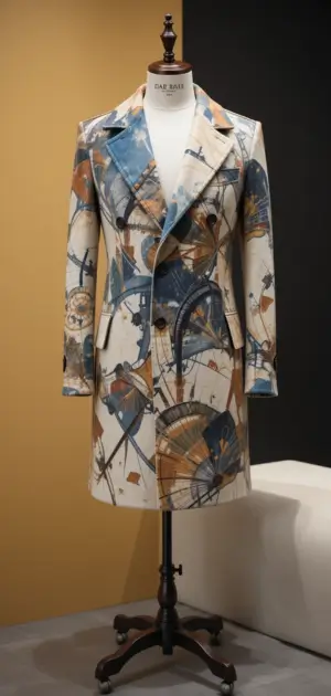 Beige coat with artistic blue and brown details, structured fit, and lapels.