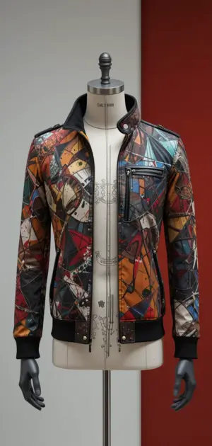 A zip-up abstract jacket with a bold multicolored geometric pattern.