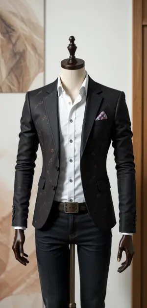 Black patterned blazer with a white shirt and slim-fit jeans for a sleek style.