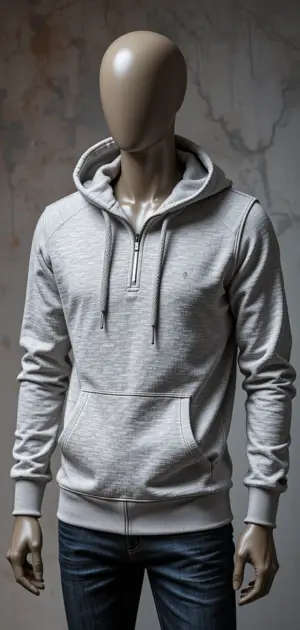 Men's light grey half-zip pullover hoodie with a soft fabric finish.
