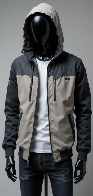 Black and beige hooded athletic jacket with zipper details.