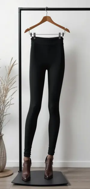 Black high-waisted leggings styled with ankle boots on a display stand.