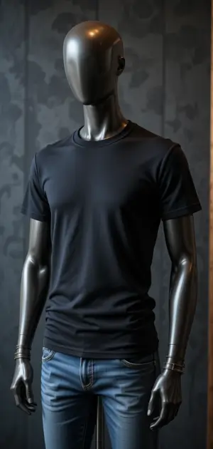 Minimalist black t-shirt on a mannequin, styled with jeans.
