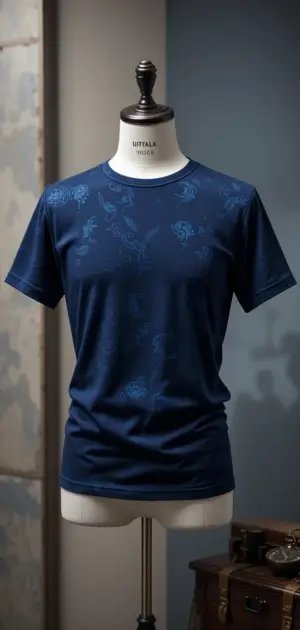 Dark blue t-shirt with soft floral patterns displayed on a mannequin.
