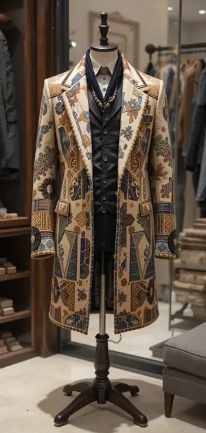 Beige embroidered coat with geometric and floral patterns.