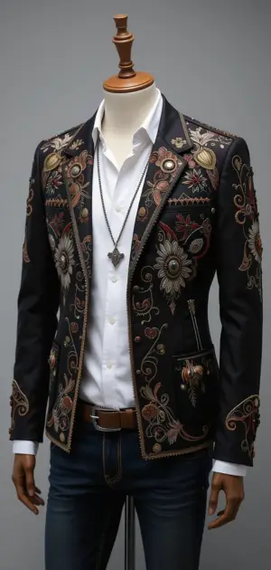 Black Bohemian blazer with floral embroidery and tailored fit.