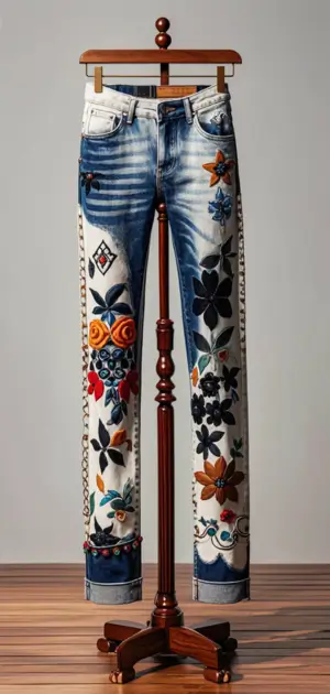 Floral embroidered jeans with a vintage blue denim wash.