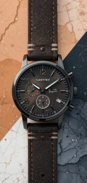 A modern black chronograph watch with a brown canvas strap and sleek dial details.
